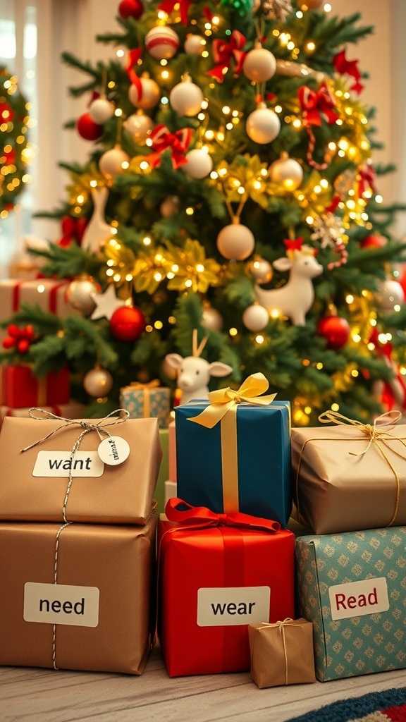 7 Gift Rule for Christmas for Kids Christmas gifts under a tree labeled with categories for kids.